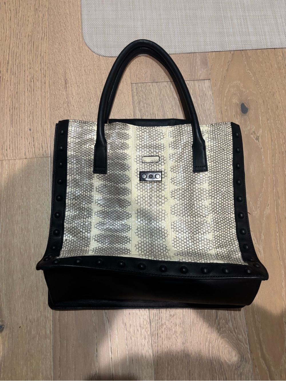 NWOT Loeffler Randall Black and Cream Snake-Print Tote Bag with Stud Trim